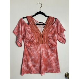 NWT SHEILAY Coral Pink Tie Dye Cold Shoulder Top Crochet V-Neck Boho M
